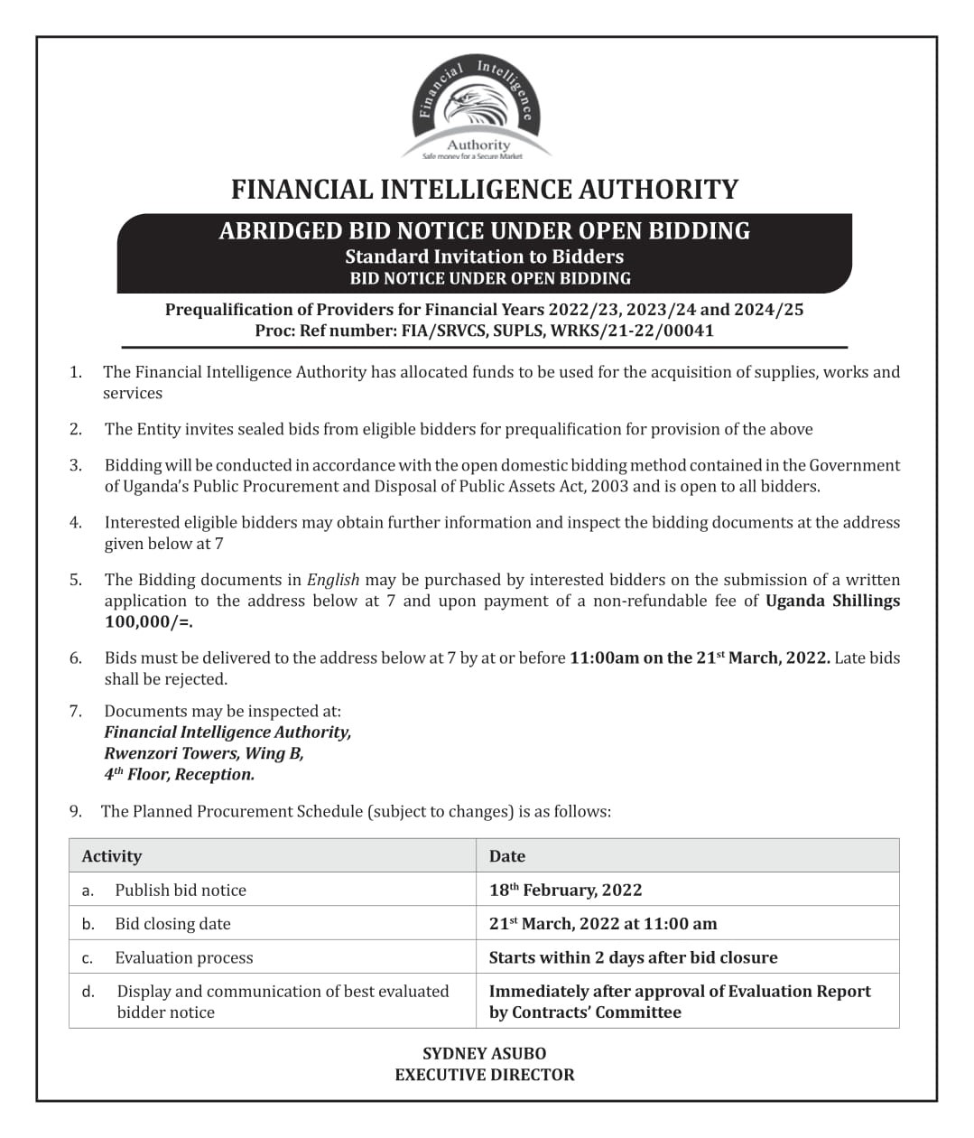 FIA-Abridged Bid Notice for Prequalification of Providers