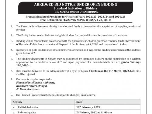 FIA-Abridged Bid Notice for Prequalification of Providers