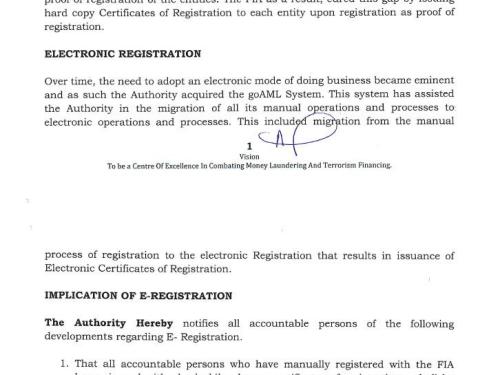 CIRCULAR NO.001 TO ALL ACCOUNTABLE PERSONS ON ELECTRONIC REGISTRATION WITH THE FINANCIAL INTELLIGENCE AUTHORITY