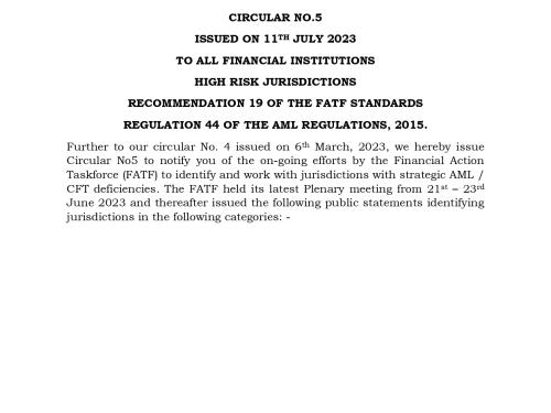 Circular no.5 High Risk Jurisdiction update